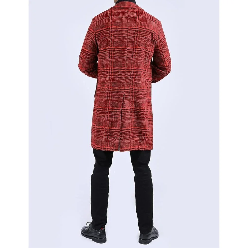 Men's Wine Red Wool Blend Pea Coat Notched Collar Single Breasted Overcoat